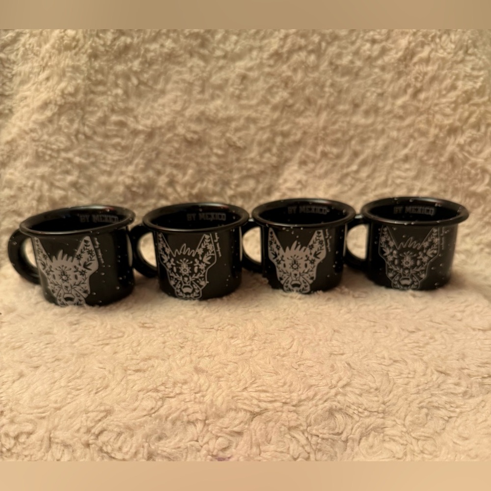 Set of 4 Ceramic By Mexico Coated Pewter Mini Mugs Mexican Hairless Dog Xolo